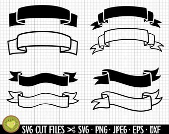 May include: Set of six black and white banner SVG cut files. The banners are in different styles, including curved and straight edges. The files are perfect for creating custom designs for crafts, scrapbooking, and more.