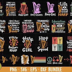 Könnte beinhalten: Ein digitaler Download von 16 verschiedenen Designs mit einer Harfe und verschiedenen Sprüchen. Die Sprüche beinhalten "Essen Schlafen Harfe Wiederholen", "Das Leben ist besser mit einer Harfe", "Nie ein Mädchen mit einer Harfe unterschätzen", "Mit Kaffee Harfe laufen", "Bildung ist wichtig, aber Harfe ist wichtiger", "Entspannen Sie sich, der Harfenspieler ist da", "Ich sehe vielleicht aus, als würde ich zuhören, aber mein Kopf spielt Harfe", "Aus dem Herzen meiner Harfe", "Harfenmädchen", "Harfen-Squad", "Vorsicht Kann spontan anfangen, über Harfe zu sprechen", "Frieden Liebe Harfe".
