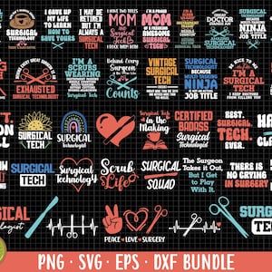 Puede incluir: Una descarga digital de 20 archivos SVG con diseños para tecnólogos quirúrgicos. Los diseños incluyen frases como "Surgical Tech", "Scrub Life", "Certified Badass Surgical Technologist" y "Happy Clamper". Los diseños están en una variedad de colores, incluyendo rosa, azul, verde y amarillo.