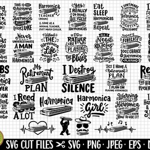 Könnte beinhalten: Eine Sammlung von 20 Schwarzweiß-SVG-Schnittdateien mit Harmonika-Motiven. Die Designs beinhalten Sätze wie "Running on Coffee & Harmonica", "I Destroy Silence", "Harmonica Girl" und "I Like Harmonica & Maybe 3 People".