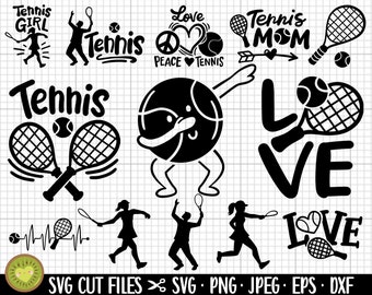 May include: A set of 10 black and white SVG cut files featuring tennis-themed designs. The designs include the words "Tennis Girl", "Tennis", "Love Peace Tennis", "Tennis Mom", "Love", and a tennis racket and ball. The files are perfect for creating personalized crafts, apparel, and home decor.