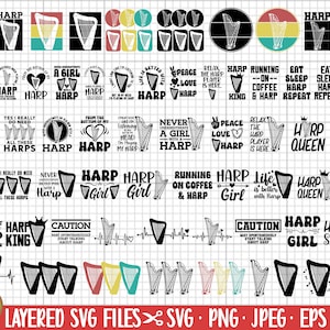 Könnte beinhalten: Ein digitaler Download von übereinanderliegenden SVG-Dateien für Bastelprojekte mit verschiedenen Harfen-Designs. Die Designs beinhalten Sätze wie "Harp Queen", "Harp Girl", "Running on Coffee & Harp" und "Life is Better with Harp".