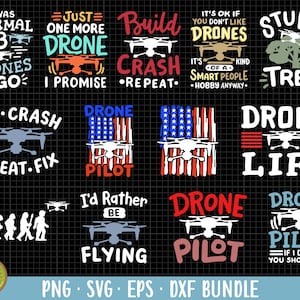 Può includere: Un pacchetto di download digitale di 10 file di taglio SVG a tema drone. I design includono frasi come "Pilota di droni", "Vita da drone", "Vola, schianta, ripeti, ripara" e "Preferirei volare".