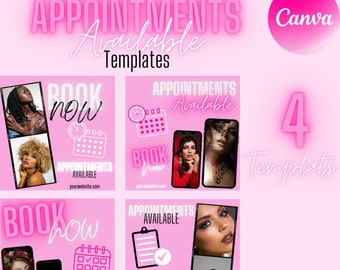 Social Media Appointment ad flyer template Bookings available Book now Booking flyer Make up Lashes Hair Cosmetics Lashes PINK Canva Bundle