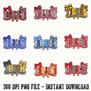 May include: A digital collection of nine sports team names including Gamecocks, Bulldogs, Tigers, Wildcats, Tarheels, Huskers, Irish, Trojans, and Badgers. Each word features a plaid pattern, decorative bows, and ribbons in various colours.