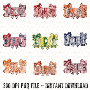 May include: A digital graphic set featuring nine team names: BUCKEYES, SOONERS, COWBOYS, REBELS, DUCKS, NITTANY, VOLS, LONGHORNS, and AGGIES. Each word is styled with plaid or checkered patterns, accented by decorative bows and ribbons.