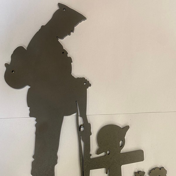 Large 17.5” Metal Army Soldier Silhouette Remembrance Memorial, Cross & Poppies -Lest We Forget gift UNPAINTED