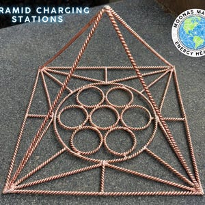 May include: A copper-colored pyramid charging station with a geometric design. The pyramid has a triangular top and a square base, with a circular pattern of seven circles in the center. The text "PYRAMID CHARGING STATIONS" is at the top.