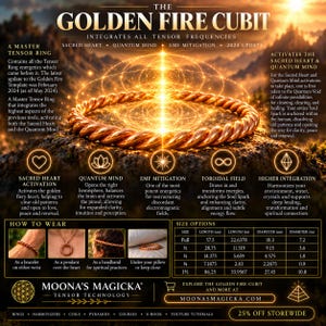 May include: A copper-colored twisted metal ring titled The Golden Fire Cubit, displayed with informational text, diagrams, and a size chart. The ring is centered on a textured surface against a sunset landscape, featuring icons for energy concepts.