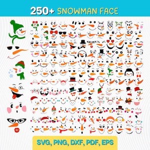 May include: A selection of over 250 snowman face designs, featuring diverse expressions and accessories like hats and sunglasses. The image displays the text "250+ SNOWMAN FACE" and file format options: SVG, PNG, DXF, PDF, EPS.