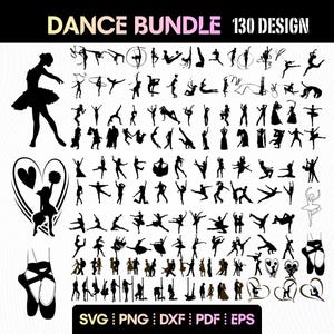 Puede incluir: Un diseño de paquete de baile en blanco y negro con 130 poses de baile diferentes. La imagen incluye siluetas de bailarines de ballet, parejas y otras figuras de baile. El texto "DANCE BUNDLE 130 DESIGN" está en la parte superior.