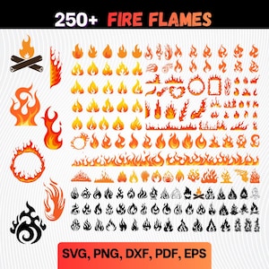 May include: A selection of over 250 fire flame illustrations in diverse styles. The flames vary in colour from yellow to orange and red. The image includes the text "250+ FIRE FLAMES" and file type options: SVG, PNG, DXF, PDF, EPS.