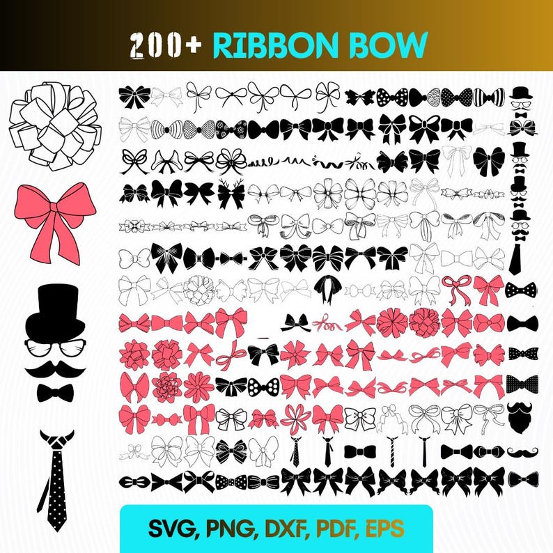 Best Ribbons Dxf 200 Ribbon Bow Bundle Svg Pdf Png Dxf Eps Clipart Instant Digital ...