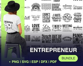 May include: A white t-shirt with the word "ENTREPRENEUR Girl" printed on it, worn by a person wearing a black hat. The image features a bundle of entrepreneur-themed designs, including text graphics and the words "BUNDLE" and "60+ DESIGN".