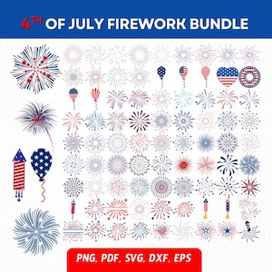 May include: A collection of red, white, and blue fireworks illustrations, including bursts, rockets, and balloon designs. The text "4th of July Firework Bundle" is at the top, with file format options at the bottom.