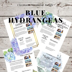 May include: Four printable classroom newsletters with a blue and green watercolor hydrangea design. Each newsletter features the text "Classroom News" and "This Week in Grade 3". The newsletters include information about events, reminders, and learning topics for the week.