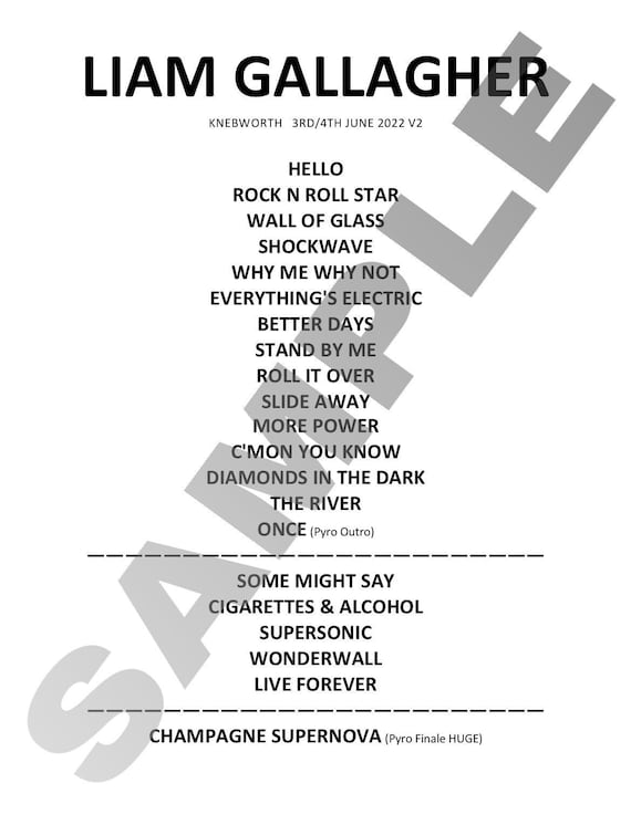 Liam Gallagher Knebworth Setlist A4 Etsy UK