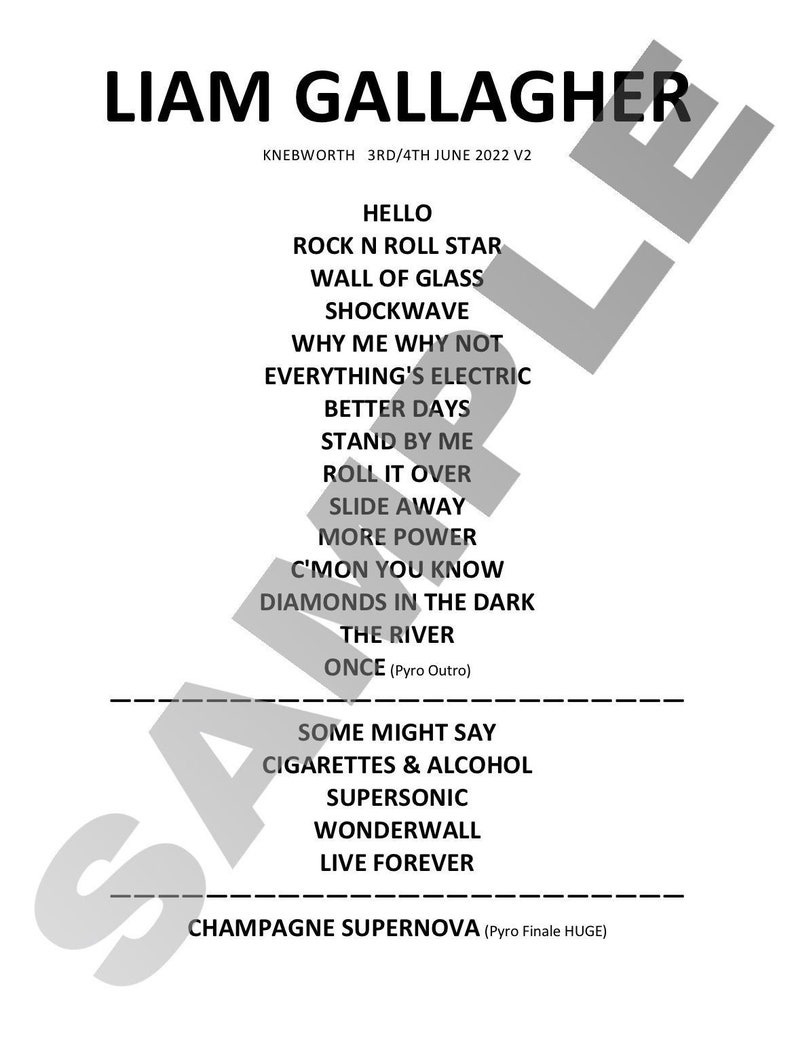 Liam Gallagher Knebworth Setlist A4 Etsy UK