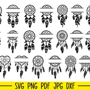 May include: A set of 20 black and white dreamcatcher SVG cut files. The dreamcatchers are in various shapes and sizes, including circles, hearts, and crescents. Each dreamcatcher has a web-like design and feathers.