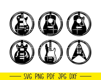 May include: Six black and white silhouette images of different types of guitars. Each guitar is inside a circle.