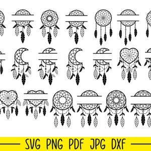 May include: A set of 18 black and white dreamcatcher SVG cut files. The dreamcatchers are in various shapes, including circles, hearts, and moons. Each dreamcatcher has a split design for adding text.