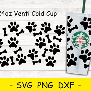 Könnte beinhalten: Ein weißer 24oz-Kaltbecher mit einem schwarzen Pfotenabdruck- und Knochenmuster. Der Text "24oz Venti Cold Cup" befindet sich oben im Bild. Der Text "Logo nicht enthalten" befindet sich auf einem grünen Kreis mit einem weißen Stern.