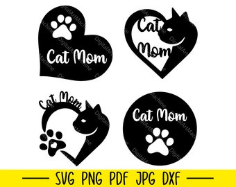 Kattmamma Svg-paket, katthjärta tass Svg-fil, kattälskare Svg, kattmamma Svg, tass Svg, hjärta Svg