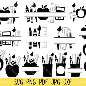 学校 SVG、学校 SVG バンドル、教師 SVG、鉛筆 SVG、アップル スプリット モノグラム、学校名フレーム SVG
