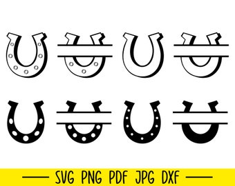 Puede incluir: Conjunto de ocho archivos de corte SVG en blanco y negro en forma de herradura. Las herraduras son de varios estilos, incluyendo sólidas, divididas y con lunares. Las herraduras son perfectas para crear manualidades y proyectos personalizados.