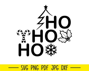 Ho Ho Ho con árbol de Navidad, Ho Ho Ho Svg, Ho Ho Ho Cut File, Navidad Svg, Archivo de corte de Navidad, Candy Cane Svg, Snowflake Svg