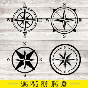 May include: Four black and white compass designs with the letters N, S, E, and W. The compass designs are on a wood grain background.