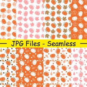 May include: Set of eight seamless digital paper patterns featuring pumpkins, leaves, and hearts in various colors, including orange, brown, pink, and white. JPG Files - Seamless.