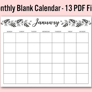 Monthly Blank Calendar, Monthly Floral Calendar,, Floral Calendar, Printable Calendar File, Printible Monthly Blank Calendar