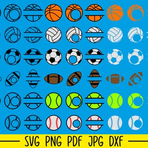 May include: A set of 50 split monogram sports ball and equipment SVG cut files. The images include basketball, volleyball, soccer ball, football, tennis ball, and baseball. The images are black and white, with some color variations.