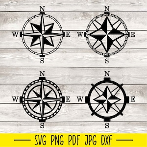 May include: Four black compass rose designs with directional indicators, including N, S, E, and W. The designs vary, with one featuring a rope-like border and another a dotted border. The bottom of the image displays the text "SVG PNG PDF JPG DXF".