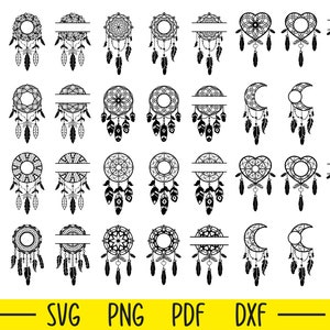 May include: A set of 30 black and white dreamcatcher SVG cut files. The dreamcatchers are in various shapes, including circles, hearts, and moons. Some of the dreamcatchers have a split design for adding text.