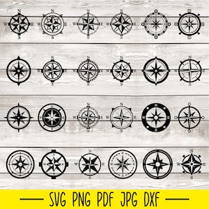 Puede incluir: Un conjunto de 20 archivos de corte SVG de rosas de los vientos en blanco y negro. Las rosas de los vientos son de varios estilos, incluyendo tradicionales, náuticos y modernos.