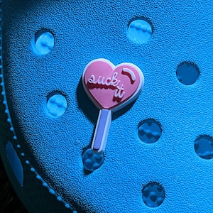 MEME SHOE CHARM: For Perforated Clogs - A Funny Pink Heart Shaped Lollipop Charm Accessory.