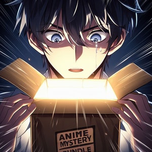 May include: A young man with blue eyes looks at a box with a bright light coming from inside. The box has a label that says "Anime Mystery Bundle".
