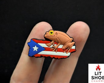 May include: A shoe charm featuring a brown frog perched on a Puerto Rican flag. The flag is red, white, and blue, with a white star. The frog has yellow eyes. The charm is held between two fingers.