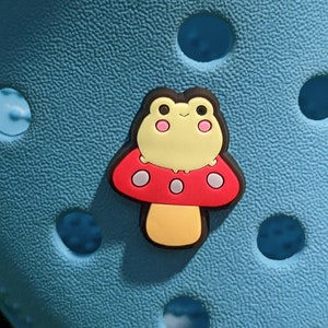 Frog On A Mushroom Croc Charm Accessories, Cute Kawaii Shoe Embelishment for Preforated Clogs, Size 1 inch