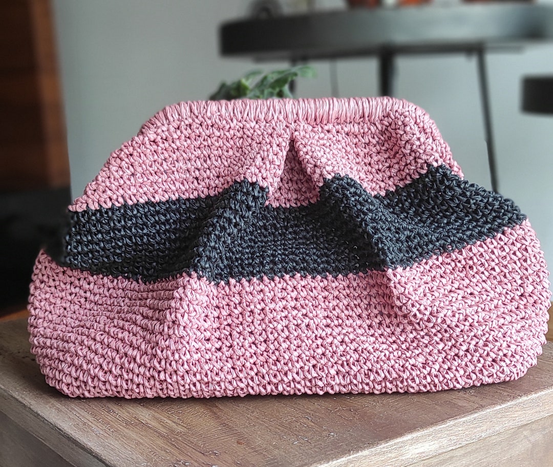 Pink Crochet Raffia Pouch Clutch Bag Natural Raffia Etsy