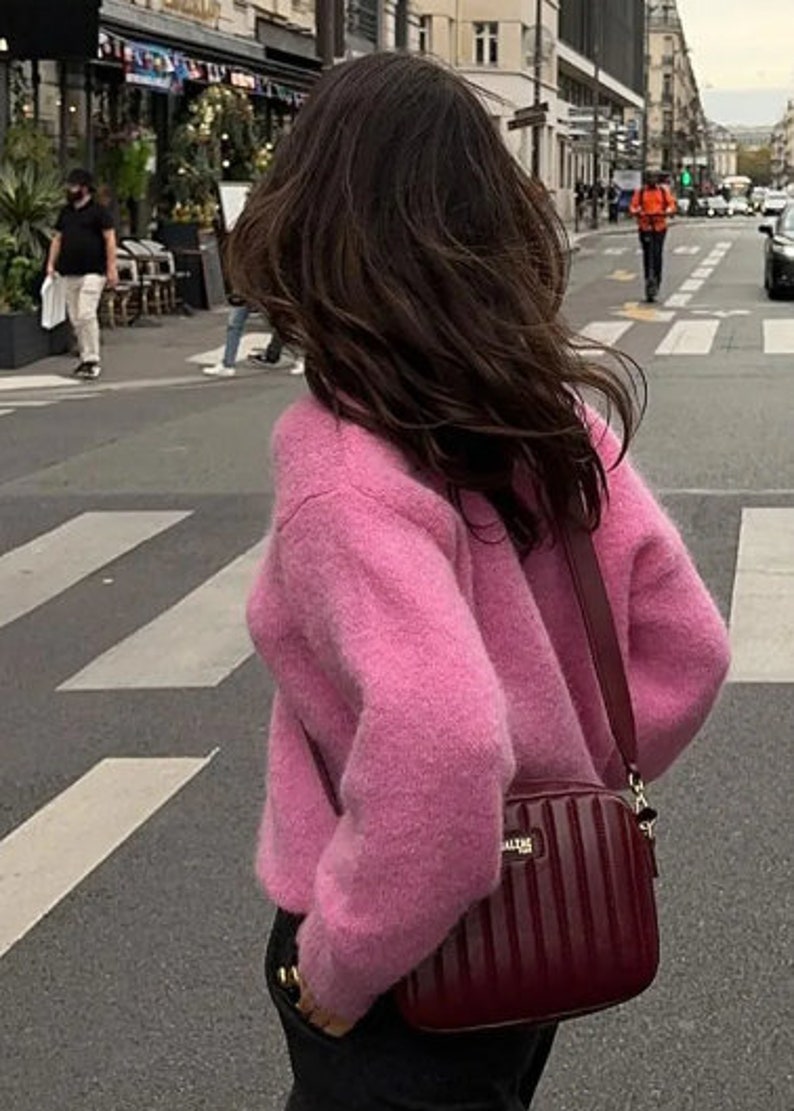 Elegant Female Pink Knit Cardigan Casual Long Sleeve Sweater Crew Neck ...