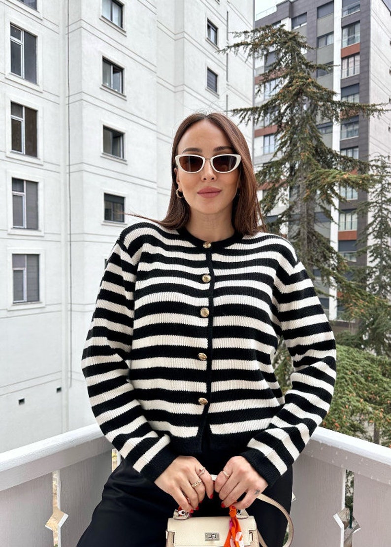 Elegant Striped Knit Cardigan, Soft Round Neck Button Sweater, Buttoned ...