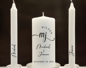 Ensemble de bougies de l'unité monogramme de mariage romantique moderne, élégantes bougies de l'unité à personnaliser en noir et blanc, ensemble de bougies incurvées pour nom de famille