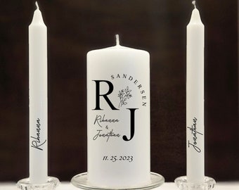 Modern elegant Wedding logo unity candle set, minimal black and white personalize unity candle, curved  couple's last name unity candles set