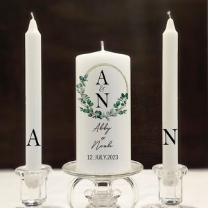 Personalized Wedding Unity Candle Set: Green Eucalyptus, Gold Frame