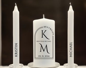 Ensemble de bougies de mariage monogramme moderne en arc, bougie de l'unité personnalisée en noir et blanc minimale, bougie de l'unité du nom de famille incurvée