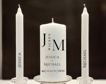 Ensemble de bougies à l'unité monogramme de mariage moderne et chic, bougies à l'unité personnalisées en noir et blanc minimales, bougies de mariage élégantes et luxueuses