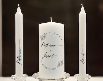Modern elegant look Wedding unity candle set, chic scrip font black and white personalized unity candles, delicate design wedding candle set
